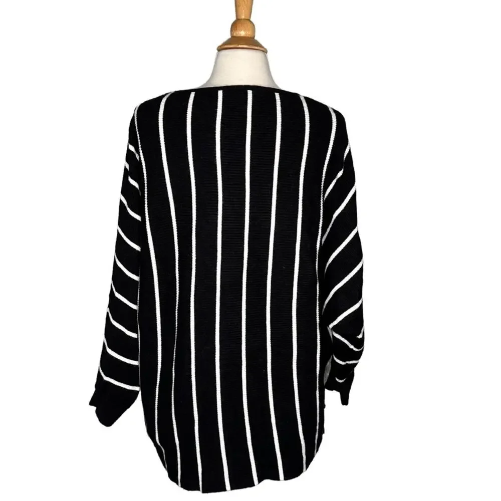 Philosophy Black White Vertical Stripes Rib Batwing Sleeve Slouchy Sweater ST11